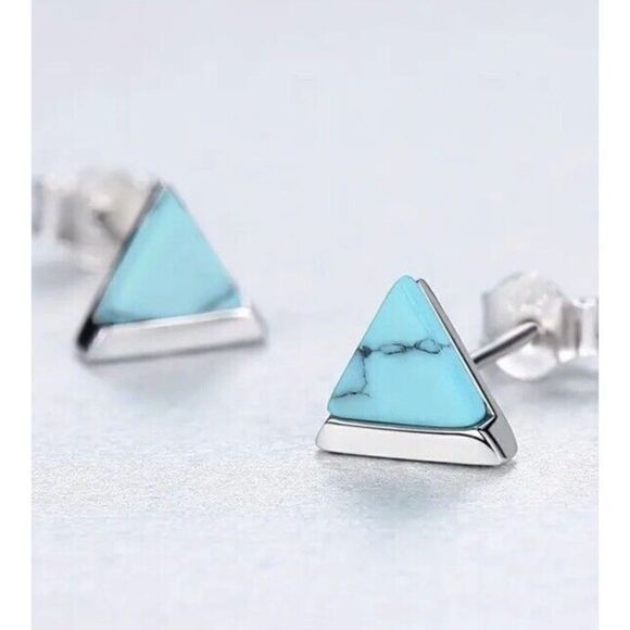 925 Sterling Silver Turquoise Triangle Stud Earrings Modern Minimalist - Picture 2 of 6